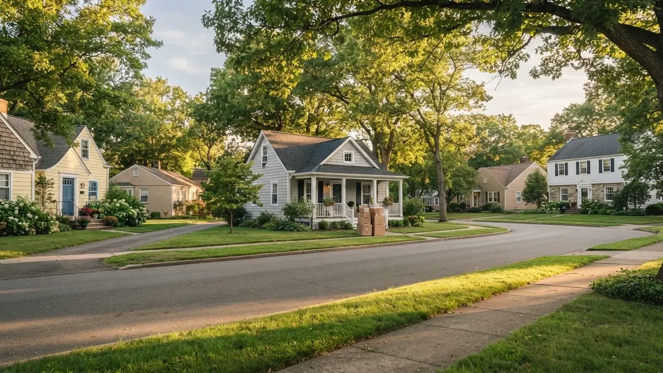 A quiet tree-lined street of family homes with moving boxes on one porch